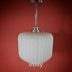 Vintage Reeded Opaline Milk Glass Modernist Cube Pendant Ceiling Light