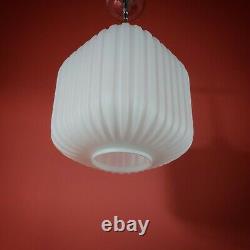 Vintage Reeded Opaline Milk Glass Modernist Cube Pendant Ceiling Light