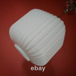 Vintage Reeded Opaline Milk Glass Modernist Cube Pendant Ceiling Light