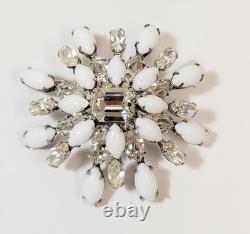 Vintage Schreiner Brooch Clear White Milk Glass Rhinestone Layered Flower