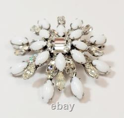Vintage Schreiner Brooch Clear White Milk Glass Rhinestone Layered Flower