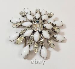 Vintage Schreiner Brooch Clear White Milk Glass Rhinestone Layered Flower