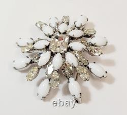 Vintage Schreiner Brooch Clear White Milk Glass Rhinestone Layered Flower