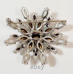 Vintage Schreiner Brooch Clear White Milk Glass Rhinestone Layered Flower