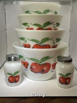 Vintage Set 4 Fire King Apples & Cherries Splash Proof Mixing Bowls and Shakers