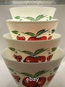 Vintage Set 4 Fire King Apples & Cherries Splash Proof Mixing Bowls and Shakers