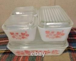 Vintage Set 4 Pyrex Pink Gooseberry Refrigerator Dishes & Lids 501 502 503