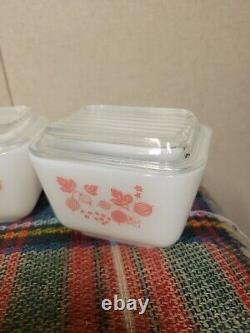 Vintage Set 4 Pyrex Pink Gooseberry Refrigerator Dishes & Lids 501 502 503