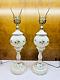 Vintage Set Of 2 White Milk Glass & Wood Hand Painted Table Lamps 25 Tall