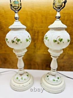 Vintage Set Of 2 White Milk Glass & Wood Hand Painted Table Lamps 25 Tall