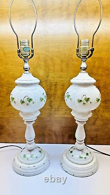 Vintage Set Of 2 White Milk Glass & Wood Hand Painted Table Lamps 25 Tall