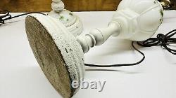 Vintage Set Of 2 White Milk Glass & Wood Hand Painted Table Lamps 25 Tall