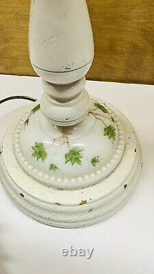 Vintage Set Of 2 White Milk Glass & Wood Hand Painted Table Lamps 25 Tall