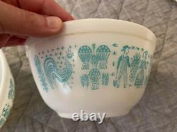 Vintage Set Of 3 Pyrex Turquoise & White Amish Butterprint Mixing Bowls