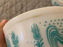 Vintage Set Of 3 Pyrex Turquoise & White Amish Butterprint Mixing Bowls