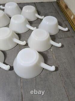 Vintage Set of 11 Anchor Hocking Fire King Milk Glass Soup Bowls w Handles