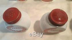 Vintage Set of 6 Milk GLASS RANGE TOP SHAKERS, Art Deco, Red And White