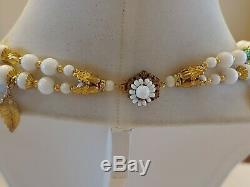 Vintage Signed MIRIAM HASKELL White Milk Glass Crystal Necklace & Earrings Set