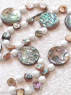 Vintage Signed Miriam Haskell ABALONE SHELL MILK GLASS WHITE BEAD NECKLACE 27