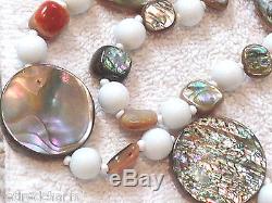 Vintage Signed Miriam Haskell ABALONE SHELL MILK GLASS WHITE BEAD NECKLACE 27