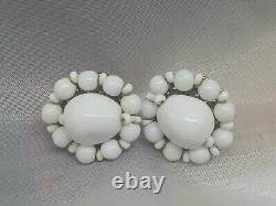 Vintage Signed Miriam Haskell Earrings White Milk Glass Beads Clip On Screw