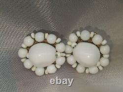 Vintage Signed Miriam Haskell Earrings White Milk Glass Beads Clip On Screw