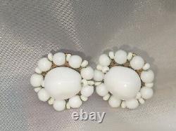 Vintage Signed Miriam Haskell Earrings White Milk Glass Beads Clip On Screw