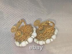 Vintage Signed Miriam Haskell Earrings White Milk Glass Beads Clip On Screw