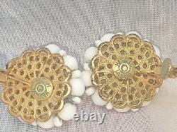 Vintage Signed Miriam Haskell Earrings White Milk Glass Beads Clip On Screw