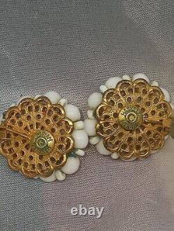 Vintage Signed Miriam Haskell Earrings White Milk Glass Beads Clip On Screw