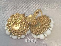 Vintage Signed Miriam Haskell Earrings White Milk Glass Beads Clip On Screw