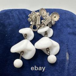 Vintage Signed Miriam Haskell White Milk Glass Bead Screw Back Dangle Earrings