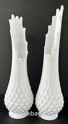 Vintage Swung Vase Pair Stretch Hobnail Milk Glass Fenton Art Glass 12, 13.5