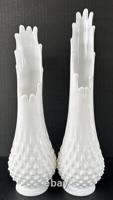 Vintage Swung Vase Pair Stretch Hobnail Milk Glass Fenton Art Glass 12, 13.5