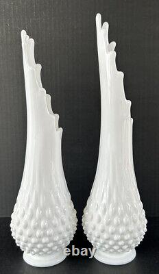 Vintage Swung Vase Pair Stretch Hobnail Milk Glass Fenton Art Glass 12, 13.5