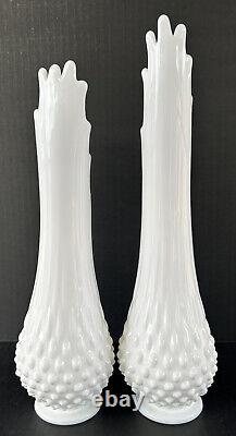 Vintage Swung Vase Pair Stretch Hobnail Milk Glass Fenton Art Glass 12, 13.5