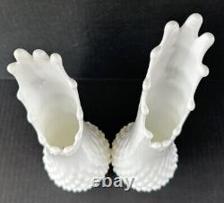 Vintage Swung Vase Pair Stretch Hobnail Milk Glass Fenton Art Glass 12, 13.5