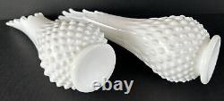 Vintage Swung Vase Pair Stretch Hobnail Milk Glass Fenton Art Glass 12, 13.5