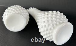 Vintage Swung Vase Pair Stretch Hobnail Milk Glass Fenton Art Glass 12, 13.5