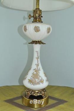 Vintage Tall 36 Hollywood Regency White Milk Glass Gold Glass Brass Table Lamp