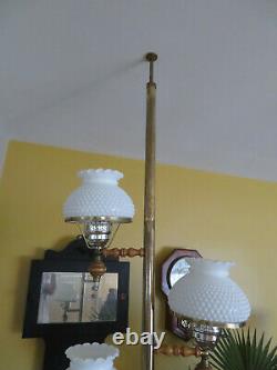 Vintage Tension Pole Lamp 3 Light Milk Glass Hobnail Shades Hurricane