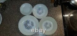 Vintage Termocrisa Mexico Milk Glass Dinner Plates and Bowls Blue Floral Swirl