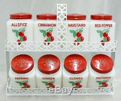 Vintage Tipp City Milk Glass Spice Shaker Set With Cherries Tilt Rack Excellent