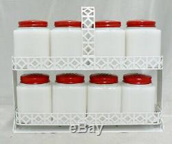Vintage Tipp City Milk Glass Spice Shaker Set With Cherries Tilt Rack Excellent