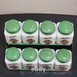 Vintage Tipp USA Spice Jars Milk Glass Green Metal Lids Flowers Set Of 8 with Rack