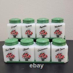 Vintage Tipp USA Spice Jars Milk Glass Green Metal Lids Flowers Set Of 8 with Rack