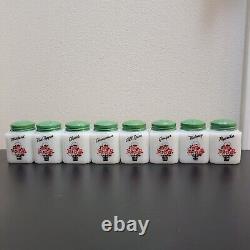 Vintage Tipp USA Spice Jars Milk Glass Green Metal Lids Flowers Set Of 8 with Rack