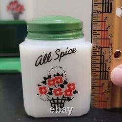 Vintage Tipp USA Spice Jars Milk Glass Green Metal Lids Flowers Set Of 8 with Rack