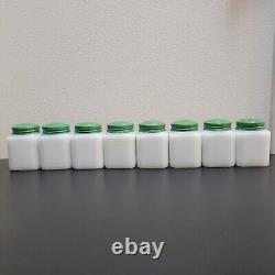 Vintage Tipp USA Spice Jars Milk Glass Green Metal Lids Flowers Set Of 8 with Rack