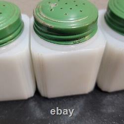 Vintage Tipp USA Spice Jars Milk Glass Green Metal Lids Flowers Set Of 8 with Rack